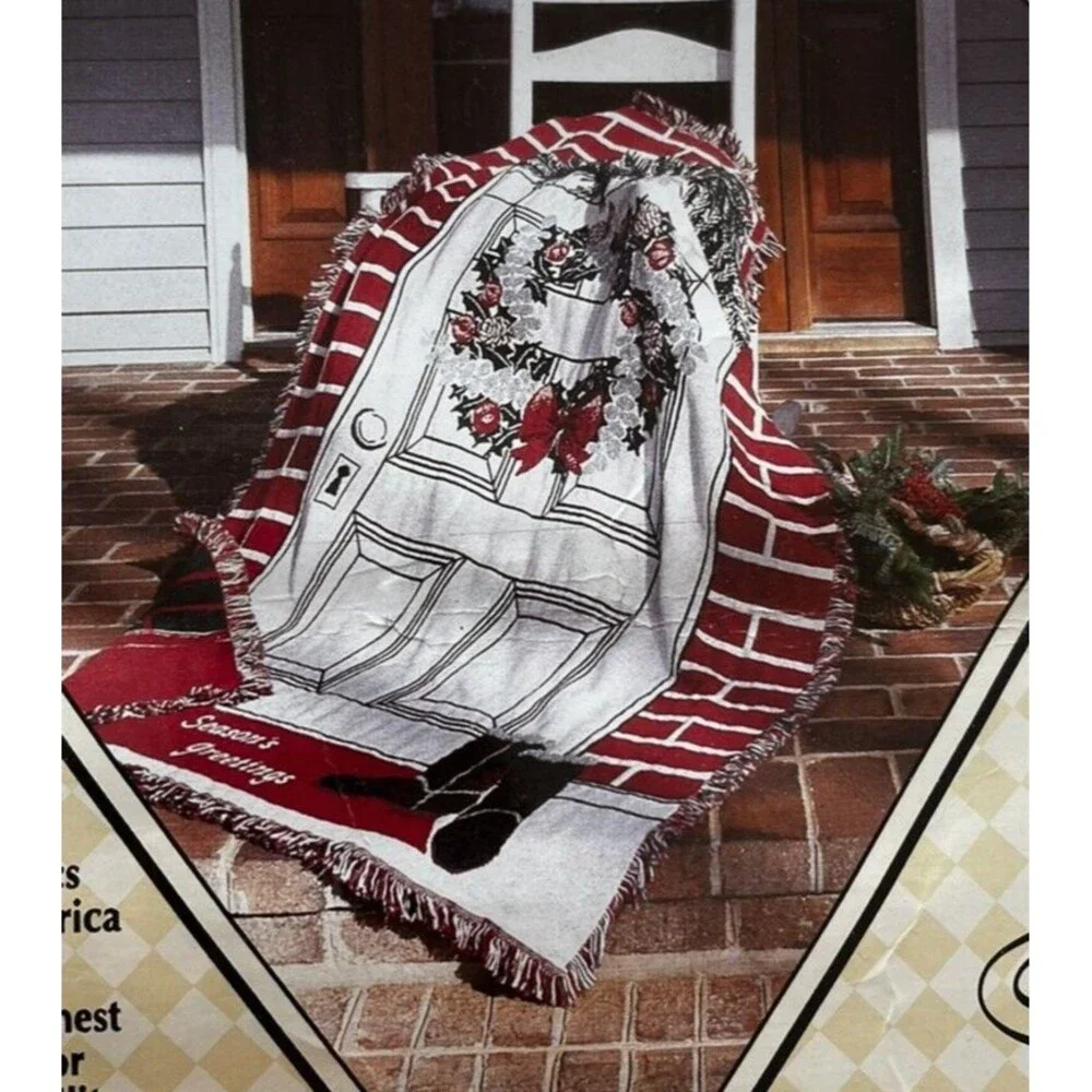 Vintage Chatham Woven Tapestry Throw Season's Greetings Cotton Blanket